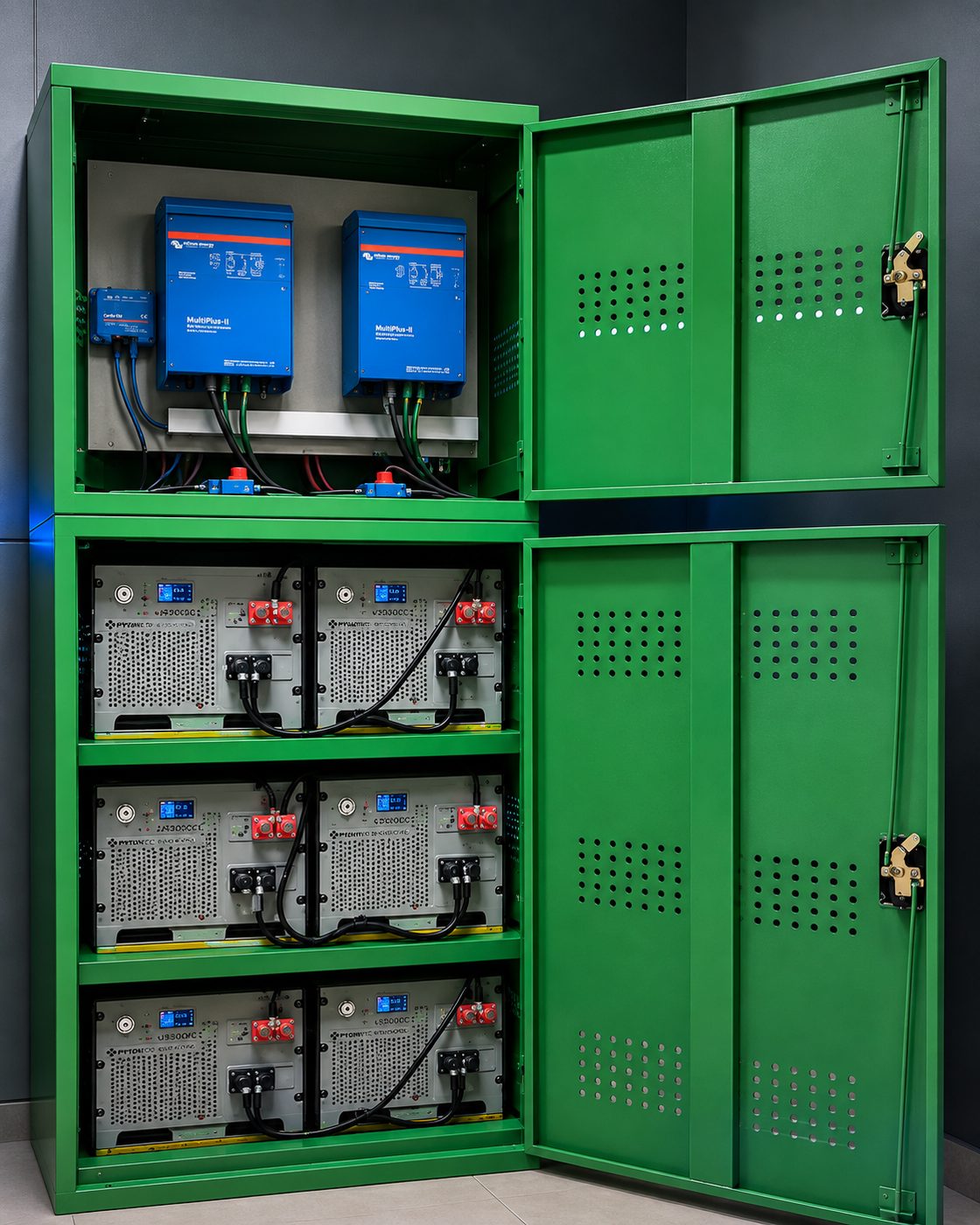 Gabinete eBAT+ de 5 KVA abierto, mostrando inversores y baterías de litio instaladas