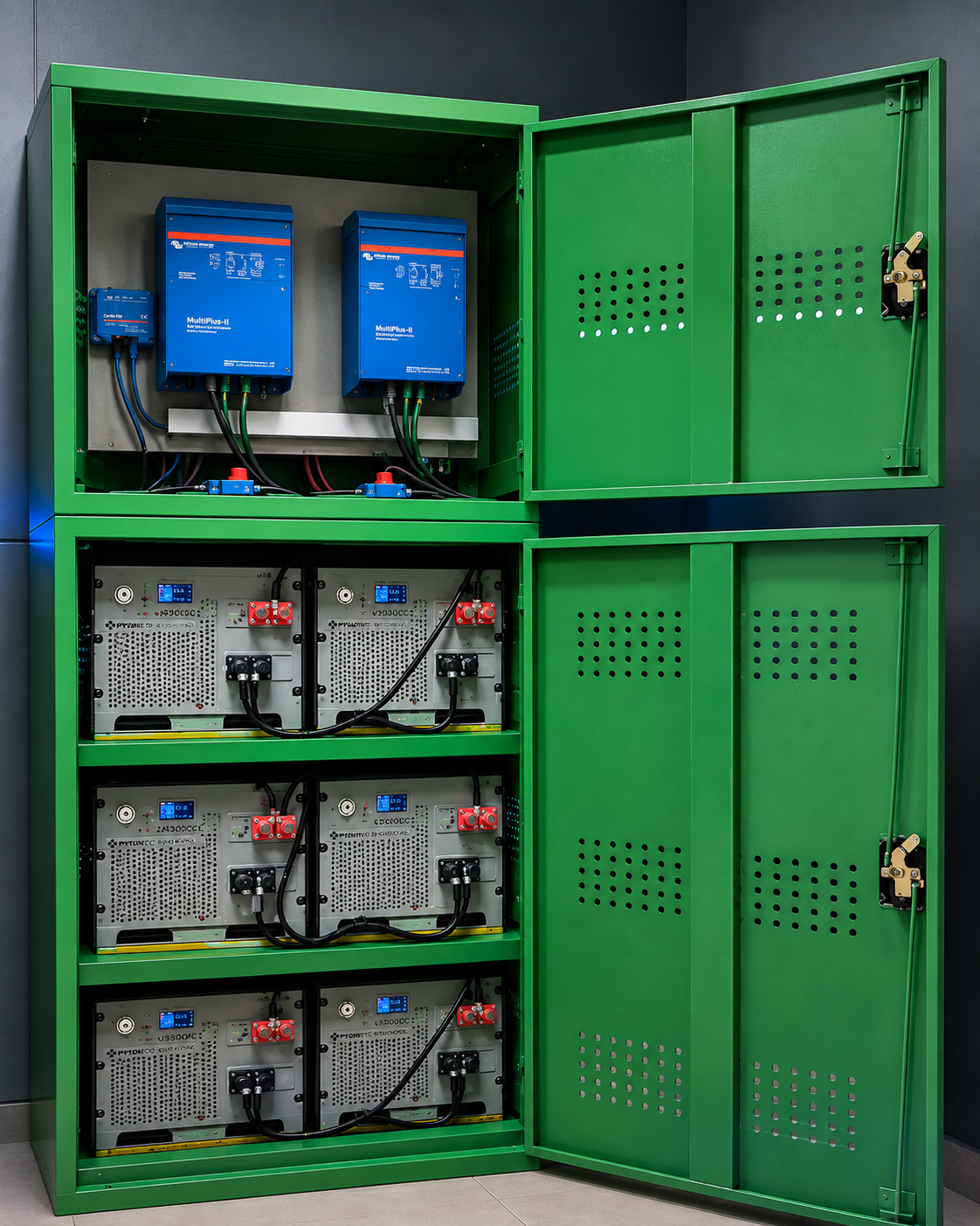 Gabinete eBAT+ de 5 KVA abierto, mostrando inversores y baterías de litio instaladas