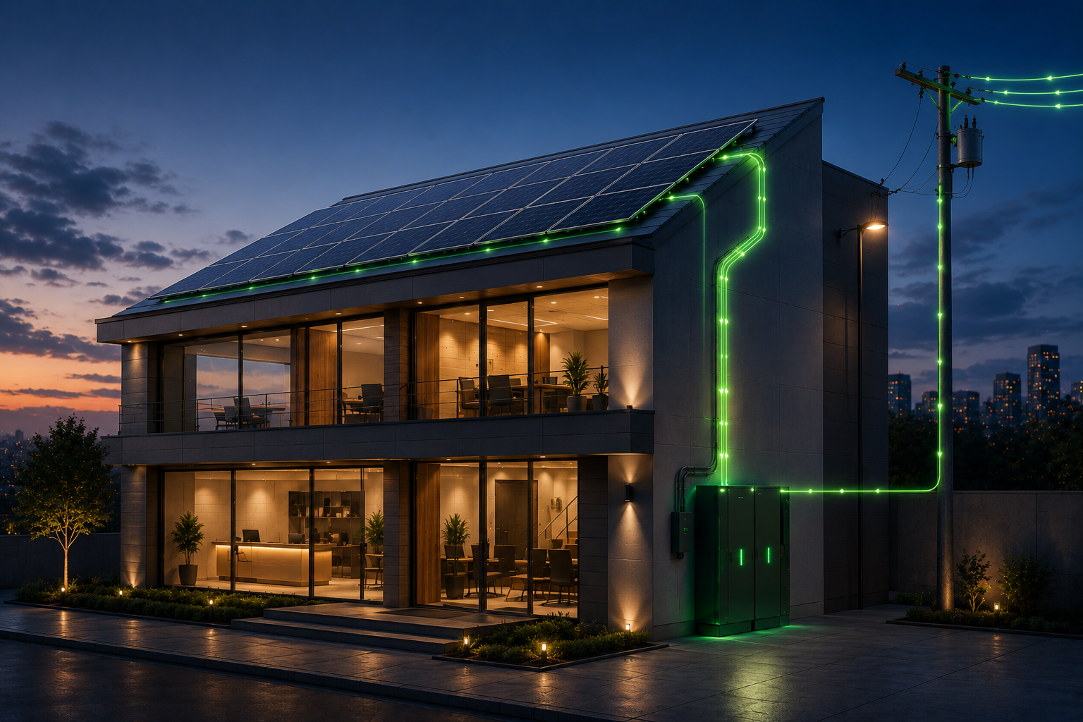Edificio comercial con paneles solares en el techo y un gabinete eBAT+ instalado en el área de servicio, con el flujo de energía iluminado desde los paneles y desde el poste eléctrico hasta el gabinete